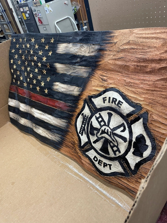 Firefighter Flag Wood Textured Wavy Made in the USA!