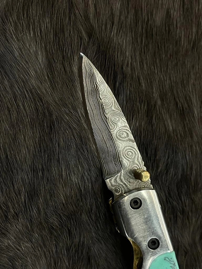 Azureglide Damascus Steel Turquoise (Resin) Pocket Knife