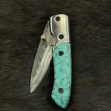 Azureglide Damascus Steel Turquoise (Resin) Pocket Knife