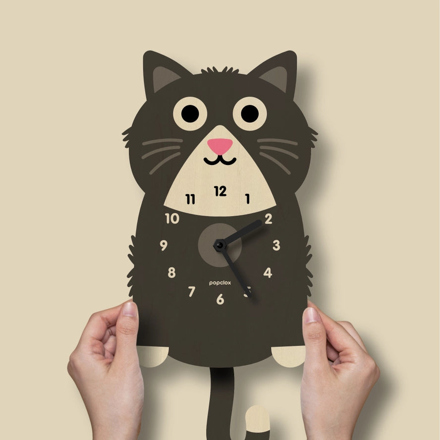 Kitten Pendulum Clock - Wooden with swinging tail