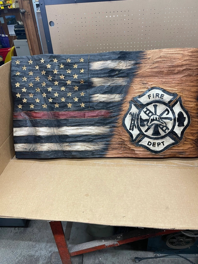 Firefighter Flag Wood Textured Wavy Made in the USA!