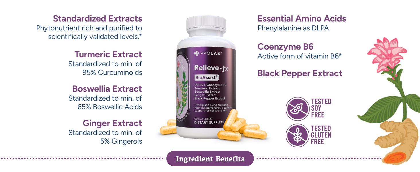 Relieve-fx™ Extra Strength Turmeric Curcumin Supplement with Black Pepper, Boswellia, Ginger, DLPA, Inflammation Health, Joint Support, Mood Relief, Detox Factor, Digestion,  Vegan Capsules
