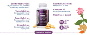 Relieve-fx™ Extra Strength Turmeric Curcumin Supplement with Black Pepper, Boswellia, Ginger, DLPA, Inflammation Health, Joint Support, Mood Relief, Detox Factor, Digestion,  Vegan Capsules