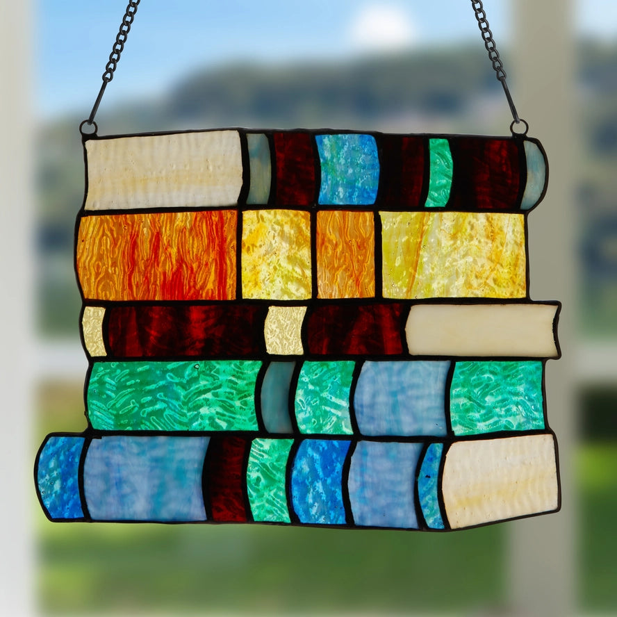 7.5"H Multicolor Stack of Books Stained Glass Window Panel