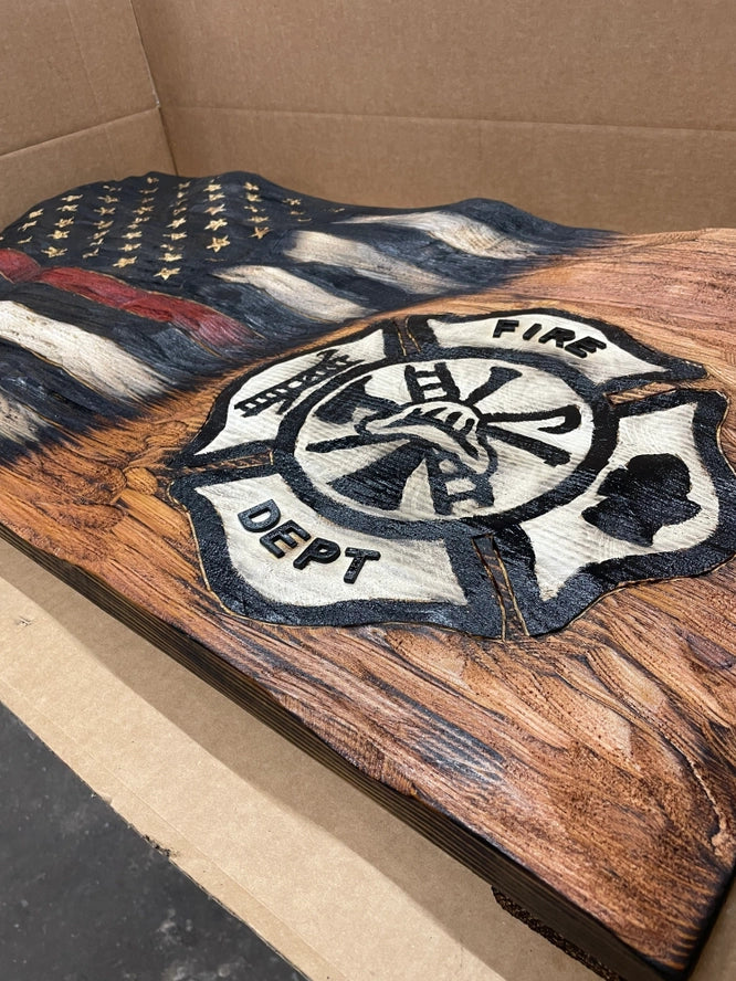 Firefighter Flag Wood Textured Wavy Made in the USA!