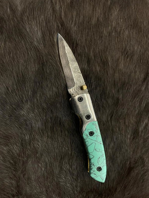 Azureglide Damascus Steel Turquoise (Resin) Pocket Knife