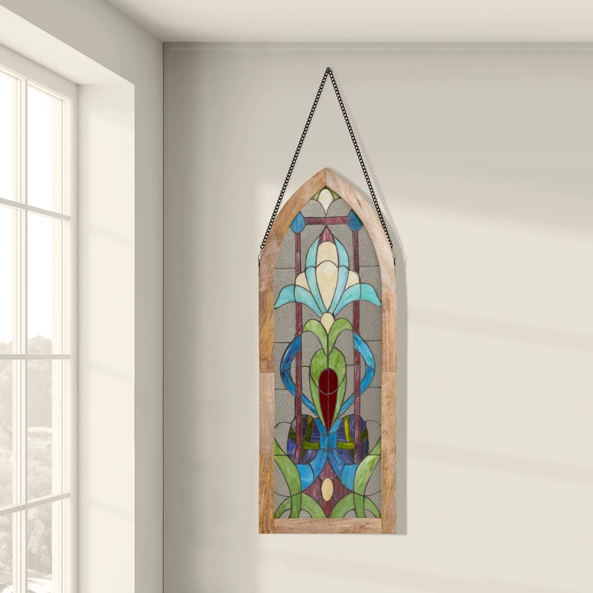 48"H Blue Art Nouveau Stained Glass Window Panel