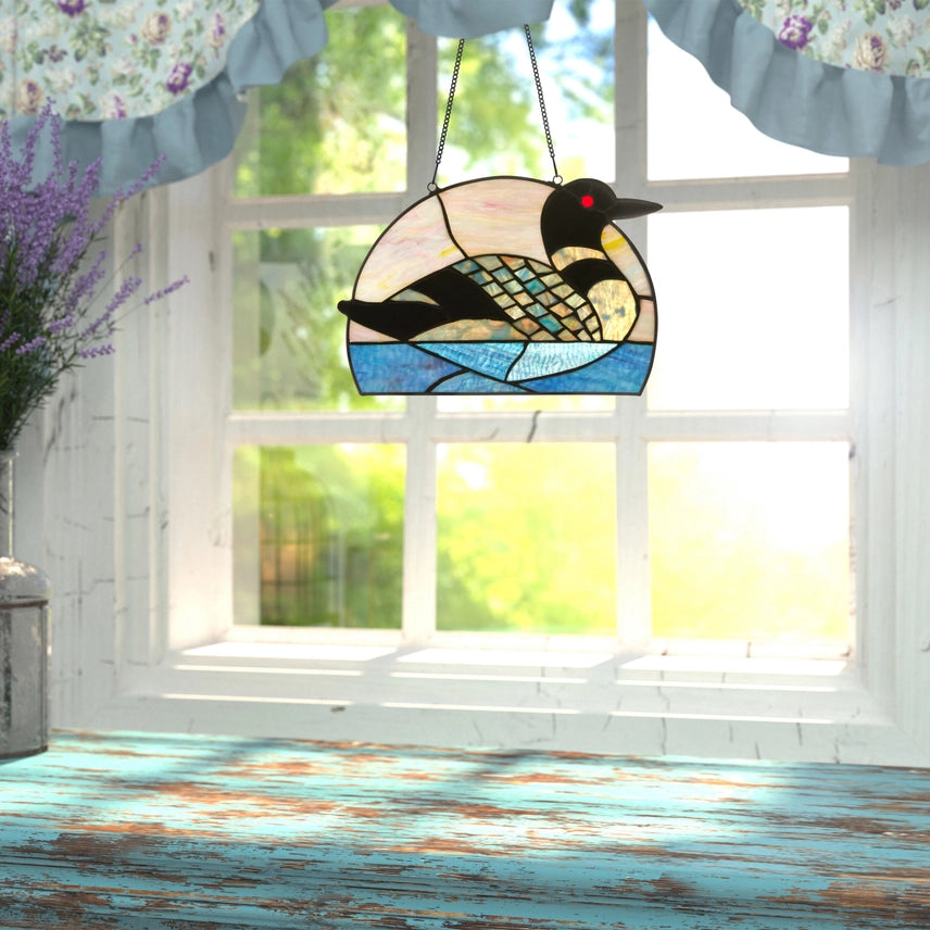 9.5"H Swimming Loon Stained Glass Window Panel