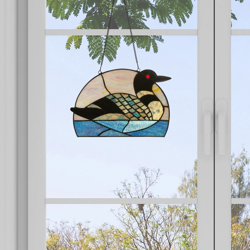 9.5"H Swimming Loon Stained Glass Window Panel