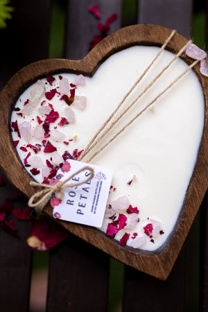 Beautiful Heart Wood Dough Bowl Candle/Crystals & Flowers 3 Cotton Wick