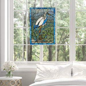 18"H Majestic White & Blue Crane Stained Glass Window Panel