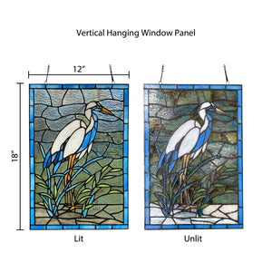 18"H Majestic White & Blue Crane Stained Glass Window Panel