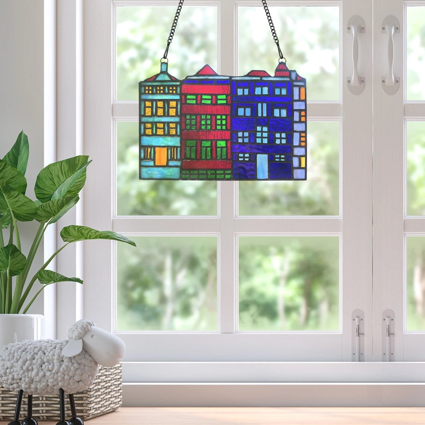 Row House Skyline Multicolor Stained Glass Window Panel
