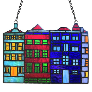 Row House Skyline Multicolor Stained Glass Window Panel