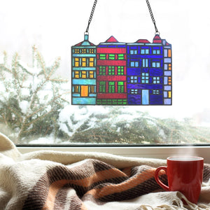 Row House Skyline Multicolor Stained Glass Window Panel