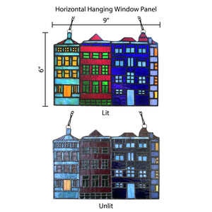 Row House Skyline Multicolor Stained Glass Window Panel