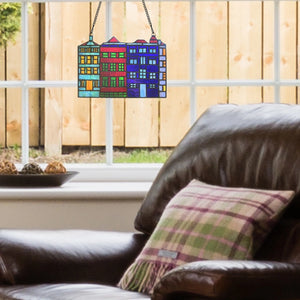 Row House Skyline Multicolor Stained Glass Window Panel