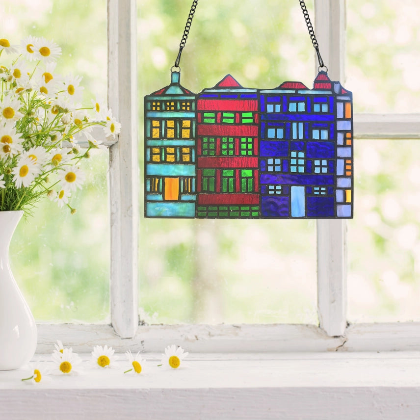 Row House Skyline Multicolor Stained Glass Window Panel
