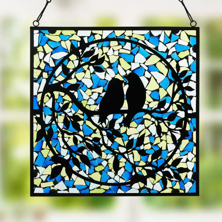 12"W Love Birds Mosaic Stained Glass Window Panel