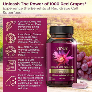 VINIA 12-Hour Sustained Release Piceid Resveratrol Supplement. Nitric Oxide Supplement.