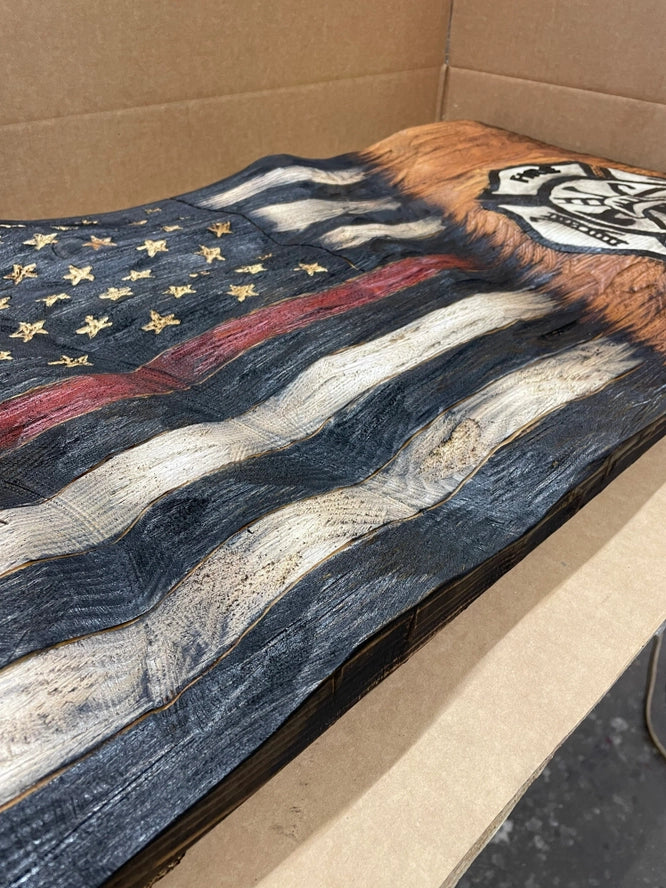 Firefighter Flag Wood Textured Wavy Made in the USA!