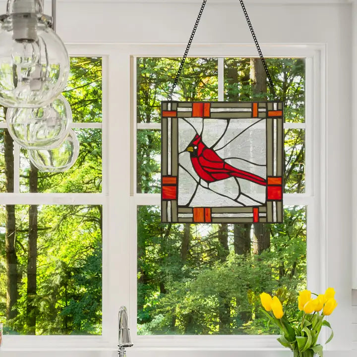 Clara the Cardinal Red Stained Glass Window Panel