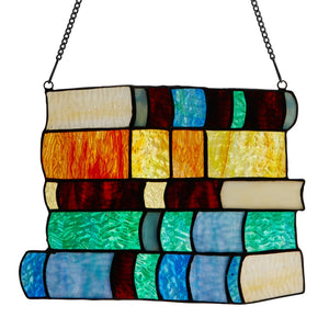 7.5"H Multicolor Stack of Books Stained Glass Window Panel