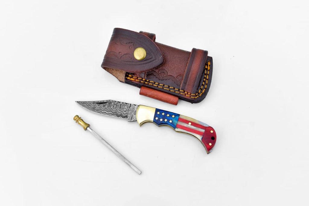 Damascus Steel Pocket Knife Limited Run Titan Patriot TF-055