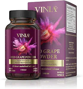 VINIA 12-Hour Sustained Release Piceid Resveratrol Supplement. Nitric Oxide Supplement.